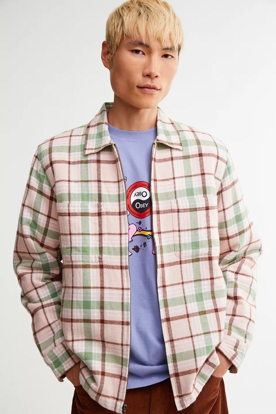 New Urban Outfitters OBEY Dom Plaid Shirt Jacket $120 MEDIUM Pink Clay